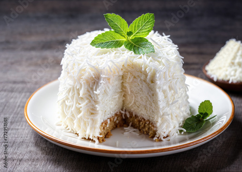 Coconut cake with coconut flakes and mint on a wooden background photo