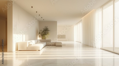Bright minimalist lobby room with white sofa  large windows  and sunlight.