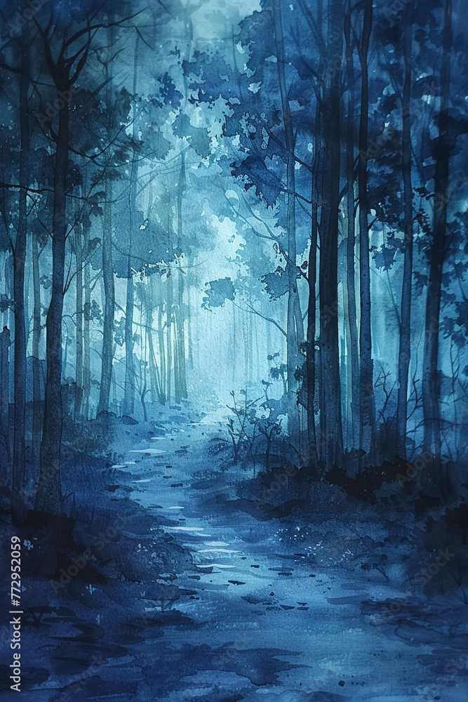 Fototapeta premium Layered cool tones in 4K watercolor, forest scene, serene and intricately depicted