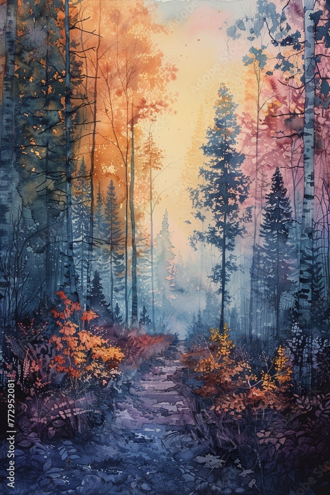 Layered cool tones in 4K watercolor, forest scene, serene and intricately depicted