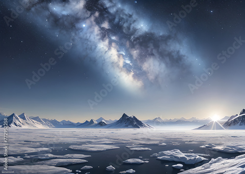 Landscape of winter mountains, snow-capped rocks, Generative AI