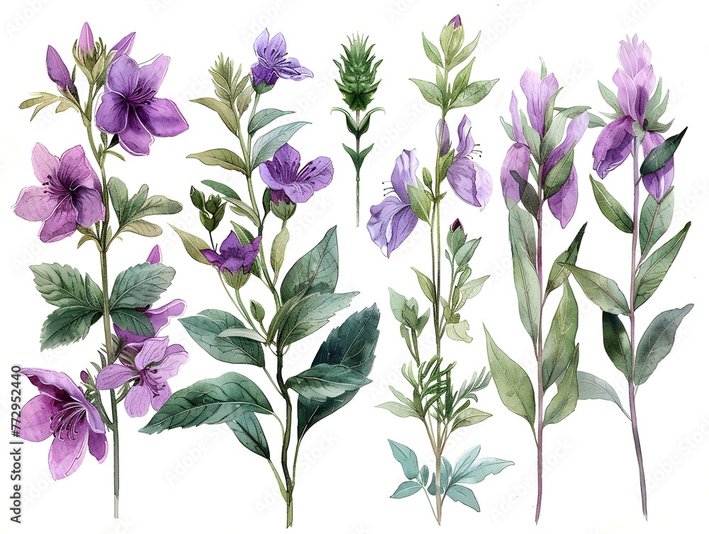Delicate purple flowers, meticulously painted in watercolor, reveal intricate botanical details and soft, natural hues in this captivating artwork.