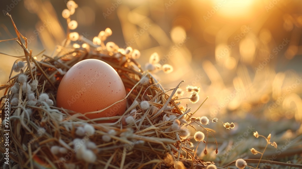An egg nestled in a cozy nest at sunset An egg nestled in a cozy nest at sunset