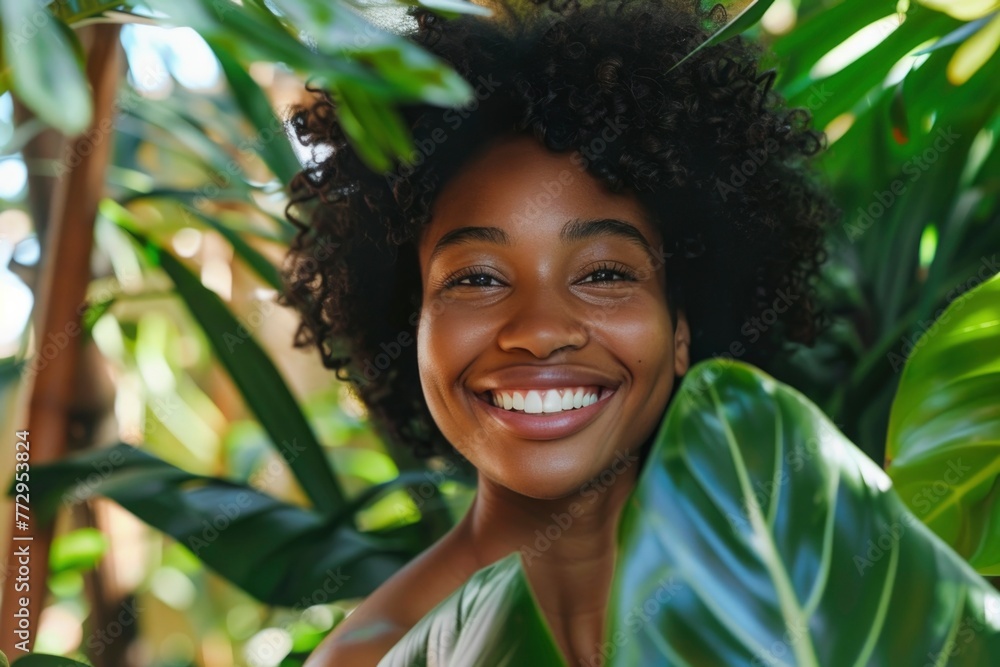 A beaming smile amidst vibrant green foliage, a young African American woman radiates with natural beauty A beaming smile amidst vibrant green foliage, a young African American woman radiates with natural beauty