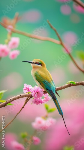 AI creates clear images of Blue-tailed bee-eater, bee-eater, Merops philippinus, birds perched on tree branches. Sakura, cherry blossoms in full bloom Near the waterfall and rocks covered with moss