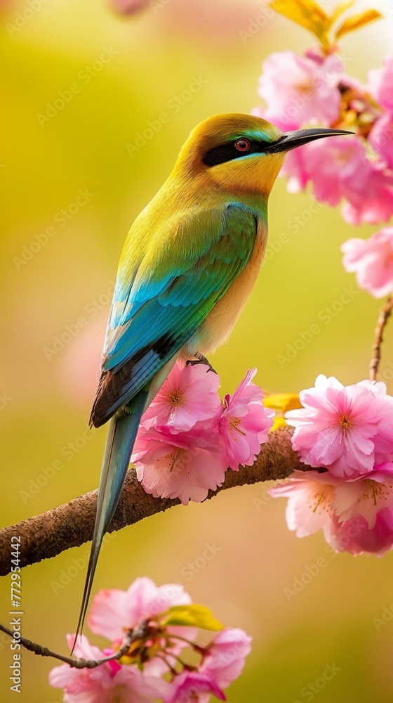 Obraz premium AI creates clear images of Blue-tailed bee-eater, bee-eater, Merops philippinus, birds perched on tree branches. Sakura, cherry blossoms in full bloom Near the waterfall and rocks covered with moss