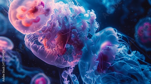 Underwater Wonder  Closeup of Neon Jellyfish in Blue Sea Background.