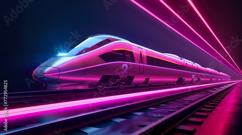 High-speed train model illuminated by neon lights against dark backdrop