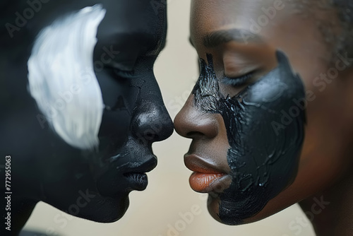 Two individuals pictured wit faces painted in black and white, symbolizing concept related racism. One person black paint on face, while other white paint, representing of racial discrimination