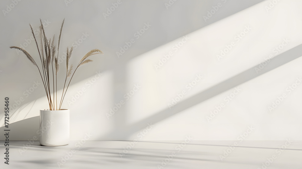 White background with light shining on the wall, empty space for product presentation mockup. Beige soft color. Minimalism, 3D rendering illustration in the style of minimalism White background with light shining on the wall, empty space for product presentation mockup. Beige soft color. Minimalism, 3D rendering illustration in the style of minimalism