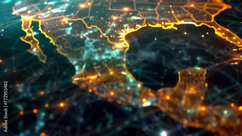 A dynamic visualization of Europes cities glowing at night on a digital map. photo