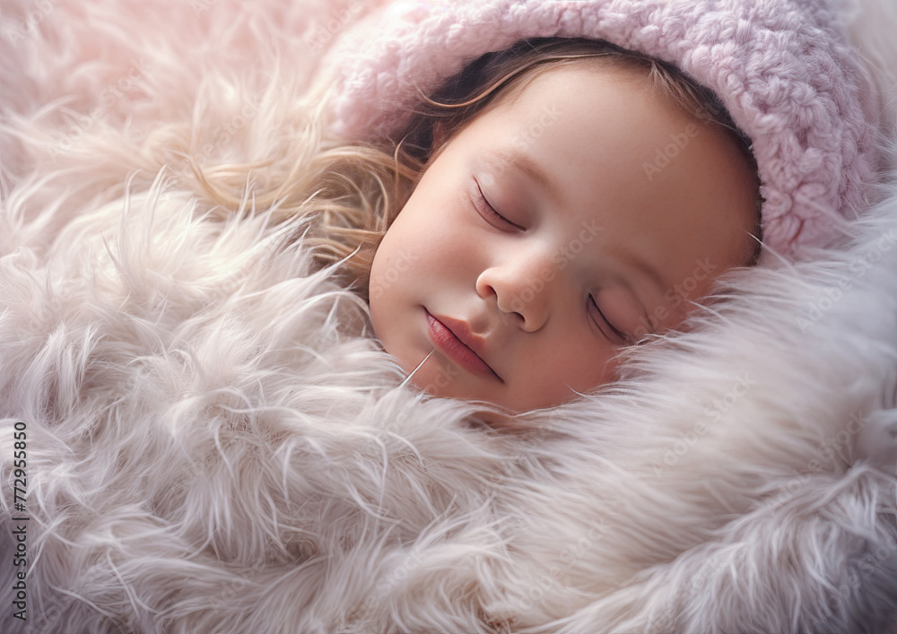 Cute little girl sleeping on fur blanket at home, closeup Cute little girl sleeping on fur blanket at home, closeup