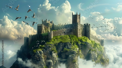 Medieval Fortress: Birds Soar Around Castle Atop Hill, Sky with Clouds