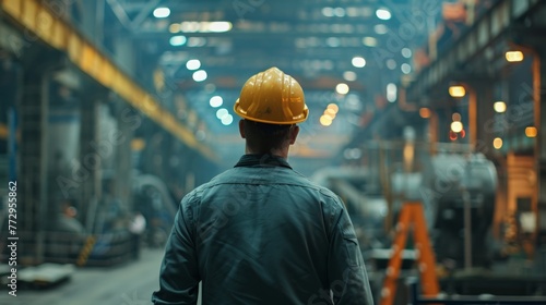 Worker overlooking industrial plant interior