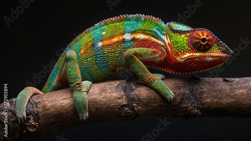 Colorful chameleon mainly in green, Chameleon on a thick tree branch