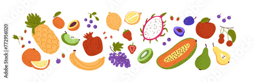 Fresh tropical fruit and berries set. Ripe exotic food, summer garden crop- papaya, banana, dragonfruit, orange, pineapple, grape, lemon, cherry. Flat isolated vector illustration on white background