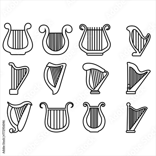 Harp icon vector set. Music illustration sign collection. Orchestra symbol or logo.