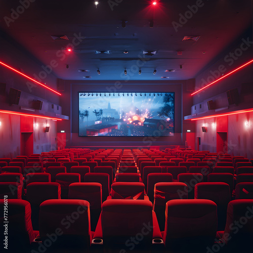 A Captivating View of Empty Cinema House with Bright Screen Display