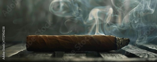 Smoldering cigar with smoke on dark background