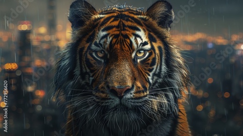 Intense tiger face with urban background at night