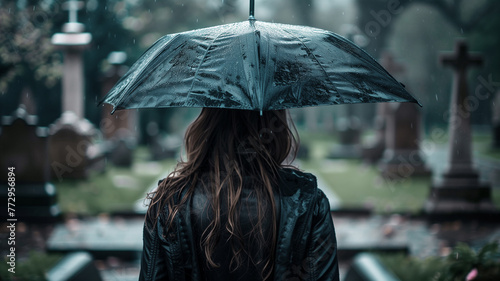 A young woman stands sadly in a cemetery under an umbrella in rainy weather. A young widow approaches the grave in the cemetery. Autumn colors, muted tones, a shot from the back, bokeh.