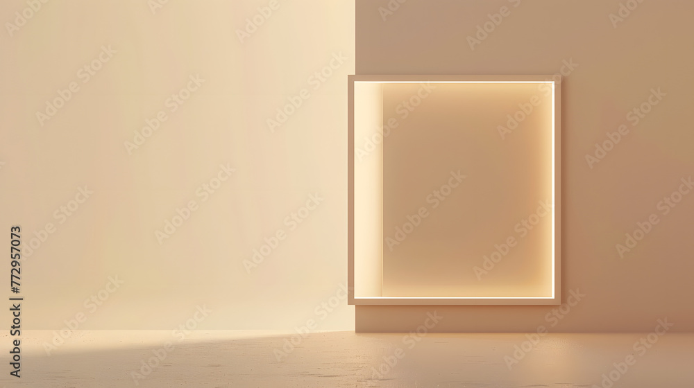White background with light shining on the wall, empty space for product presentation mockup. Beige soft color. Minimalism, 3D rendering illustration in the style of minimalism White background with light shining on the wall, empty space for product presentation mockup. Beige soft color. Minimalism, 3D rendering illustration in the style of minimalism