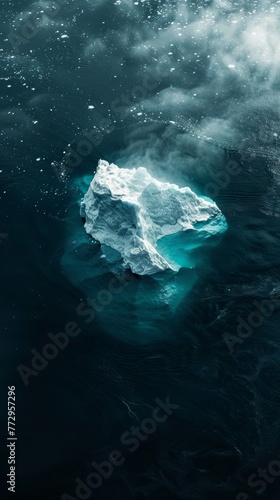 Submerged iceberg in dark ocean waters