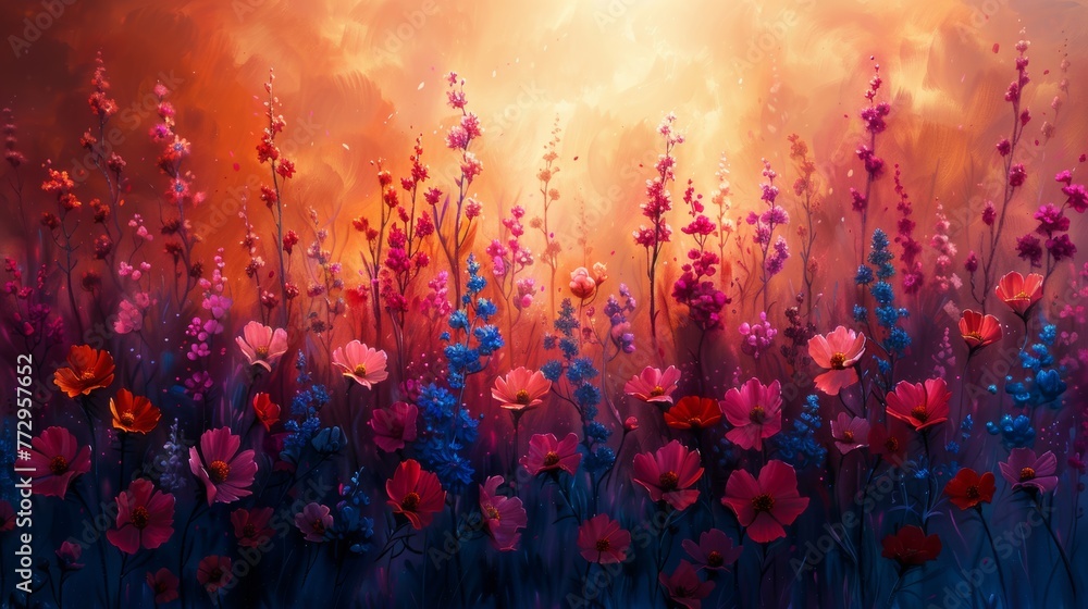 Colorful flowers on a vibrant sunset background Colorful flowers on a vibrant sunset background