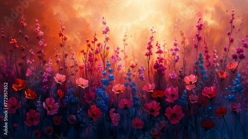 Colorful flowers on a vibrant sunset background