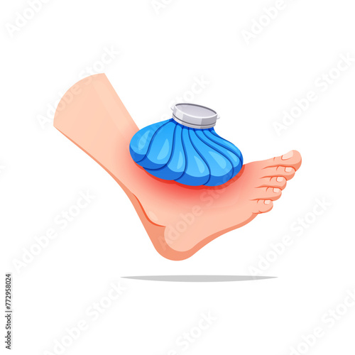 First aid compress the foot. Foot with ice pack vector isolated on white background.