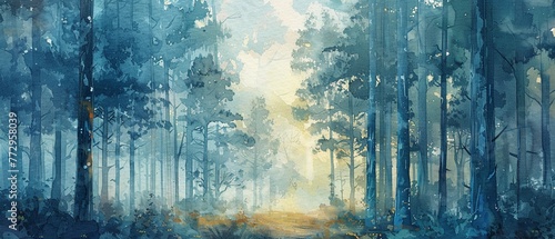 Watercolor forest in 4K, layered cool tones, tranquil and richly textured scene © Thanadol
