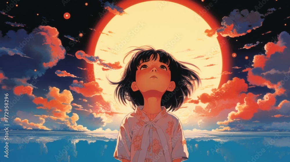 A child with a single tear falling, gazing towards the radiant moon hanging in the sky with hope, japanese 80s citypop A child with a single tear falling, gazing towards the radiant moon hanging in the sky with hope, japanese 80s citypop