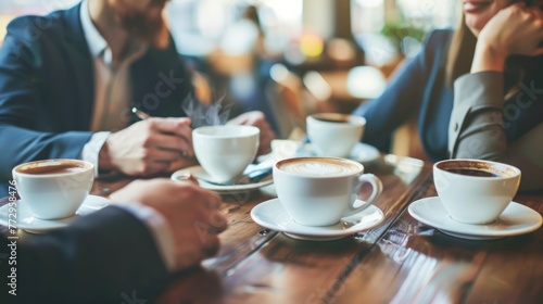 Business professionals having a casual discussion during a coffee meeting. 