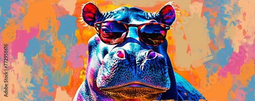Colorful pop art hippopotamus with sunglasses photo