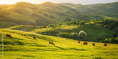A image of the countryside during golden hour with rolling hills, grazing livestock, and warm sunlight casting long shadows