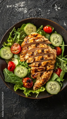 Grilled chicken breast on a bed of fresh salad