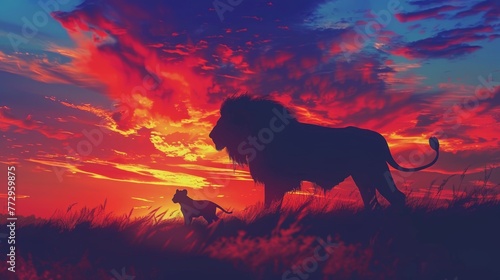 Silhouettes of lions in sunset