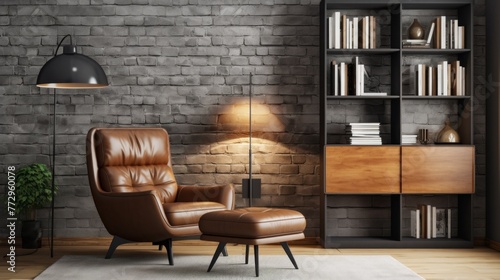 A living room with a brown leather chair and ottoman, a lamp, and a bookcase