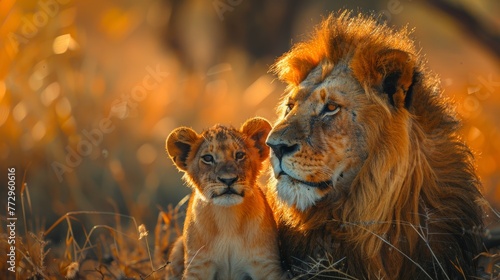 Lion and cub in golden light