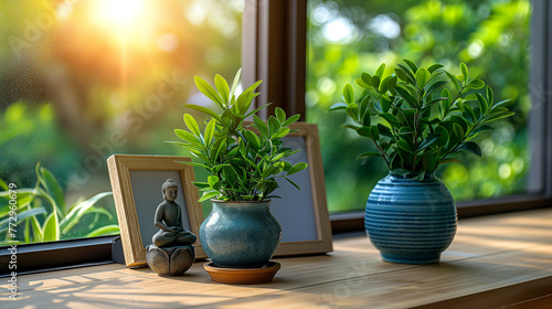 Buddha statue on the shelf with vase and plants. Interior decor. Fresh natural spa wallpaper concept with asian spirit photo