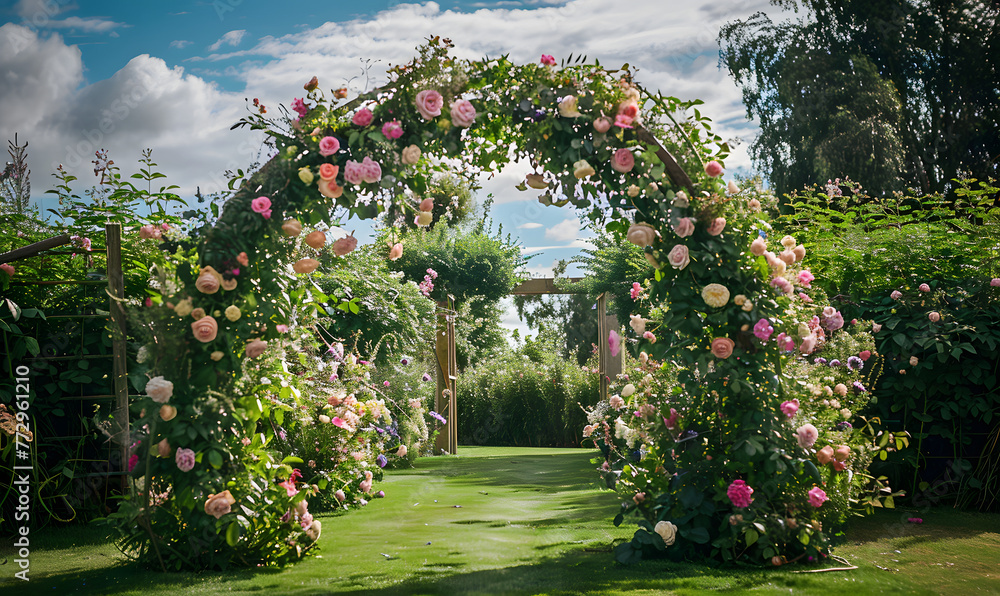 A floral arch covered in flowers creates a magical entrance to the garden, Generative AI A floral arch covered in flowers creates a magical entrance to the garden, Generative AI