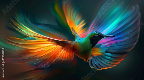 Colorful hummingbird in flight with spread wings