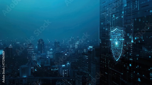 Cityscape with Security Shield and Cyber Safety Icons