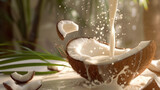 Coconut milk pours into broken coconut. Splashes, drops and flow of vegetable white milk. Exotic tropical background. Healthy organic vegan food