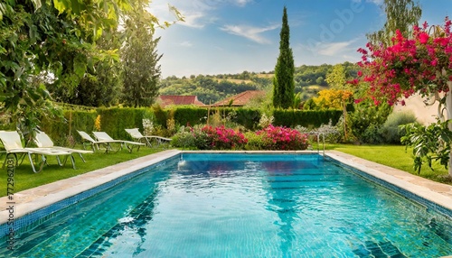 Oasis of Serenity: Swimming Pool Amidst a Beautiful Garden" background 