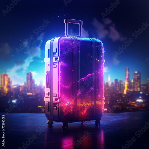 Neon Glowing Luggage against Cityscape at Night