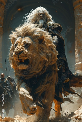 A Beastmaster riding a ferocious lion into battle against invaders photo