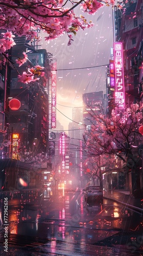 Melancholic  bitter-sweet neon sunset. Cyberpunk. City. Sakura blossom. Rain