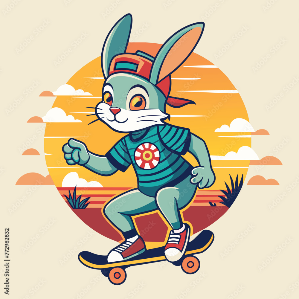 Vector illustration of a cute rabbit riding a skateboard. retro vintage Vector illustration of a cute rabbit riding a skateboard. retro vintage