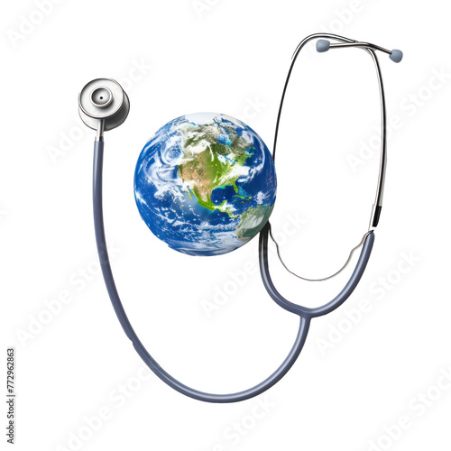 3d Stethoscope with earth globe on transparency background PNG

